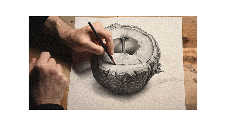 A person is drawing a drawing of a coconut.