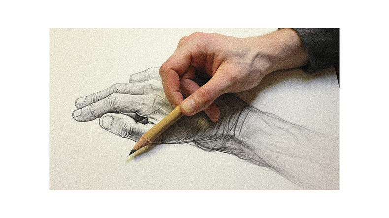 A person drawing a hand with a pencil.