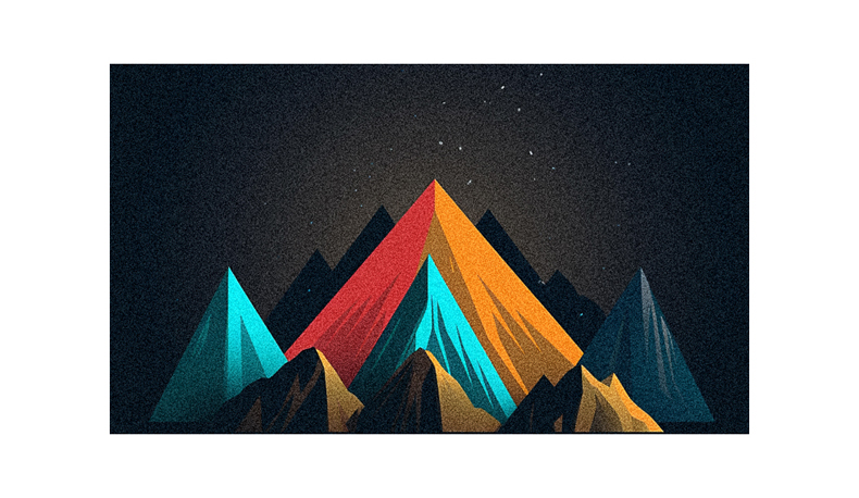 A colorful mountain illustration on a black background.