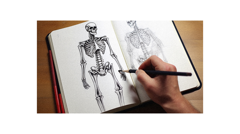 A person is drawing a skeleton in a notebook.