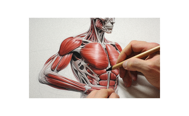 A person is drawing a human body with a pencil.