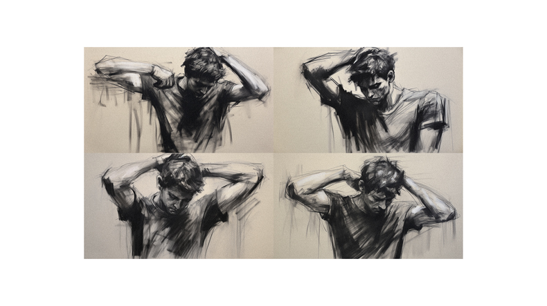 Four black and white drawings of a man holding his head.