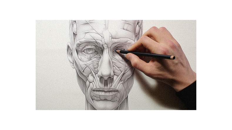 A person is drawing a human face with a pencil.