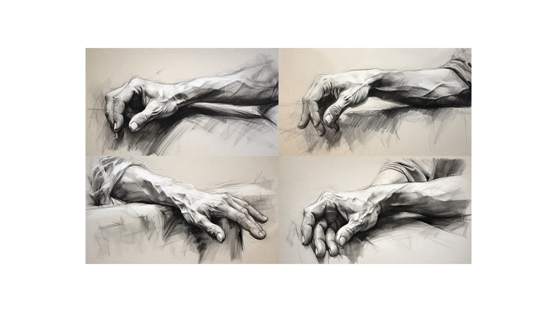 A series of drawings of a man's hands.