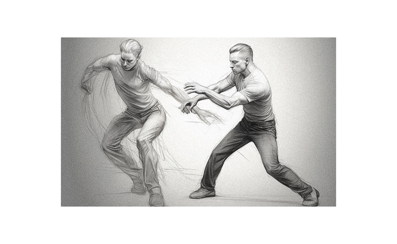 A drawing of a man and a woman fighting.