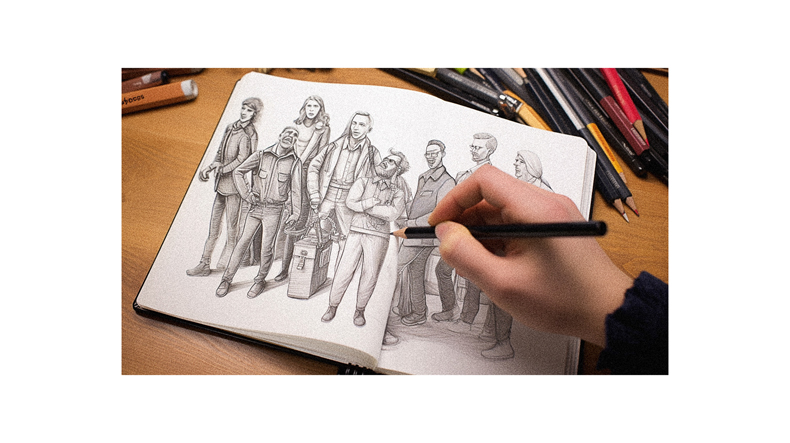 A person drawing a group of people in a notebook.
