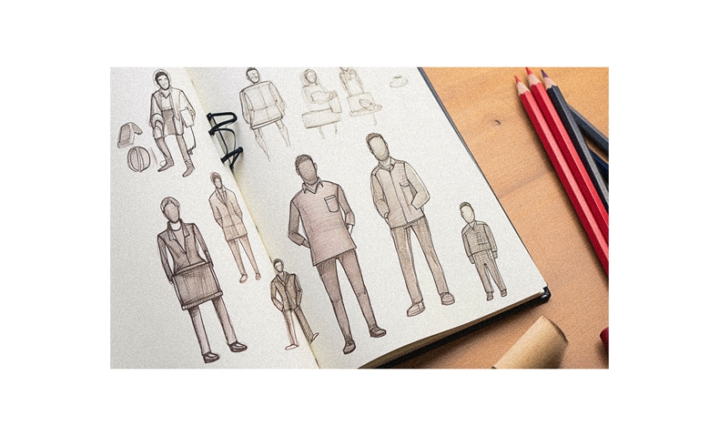 A notebook with drawings of men and women.