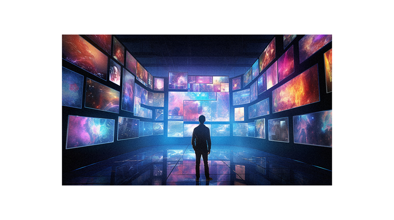 A person standing in front of a room full of screens.