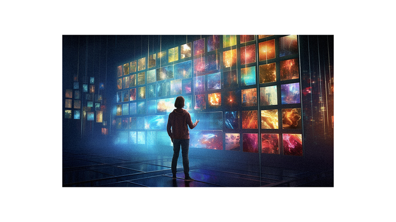 A man is standing in front of a wall of televisions.