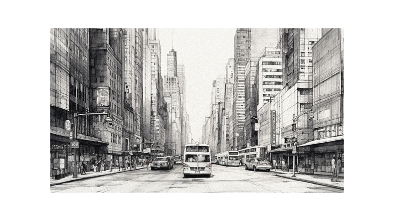 A black and white drawing of a city street.