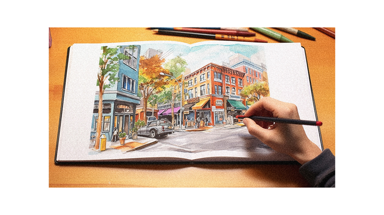 A person is drawing a picture of a city with colored pencils.