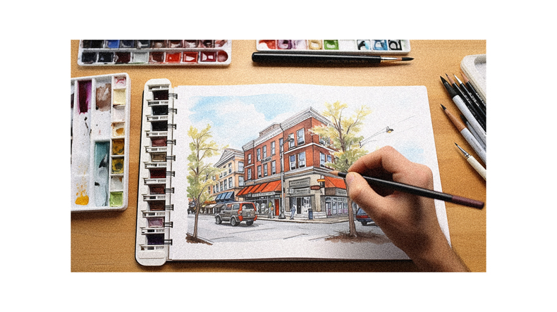 A person is drawing a picture of a building with watercolors.