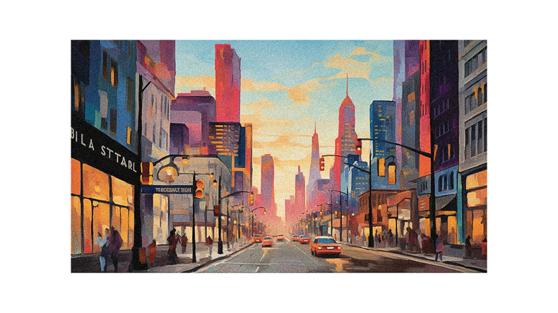 A painting of a city street at sunset.