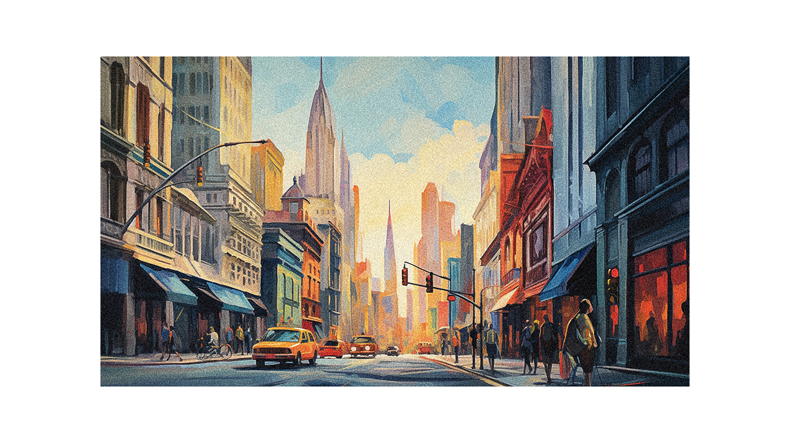 A painting of a city street.