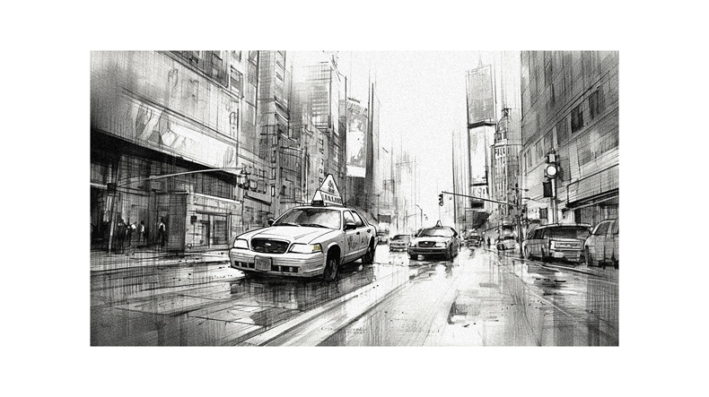 A black and white drawing of a car driving down a city street.