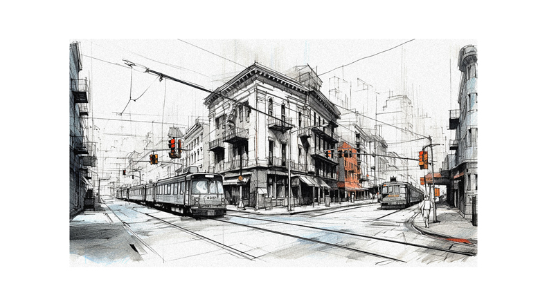 A drawing of a train on a city street.