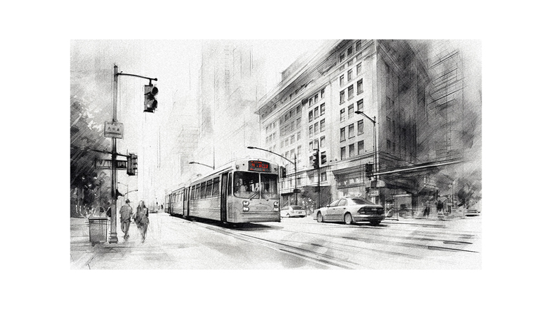 A black and white drawing of a tram on a city street.