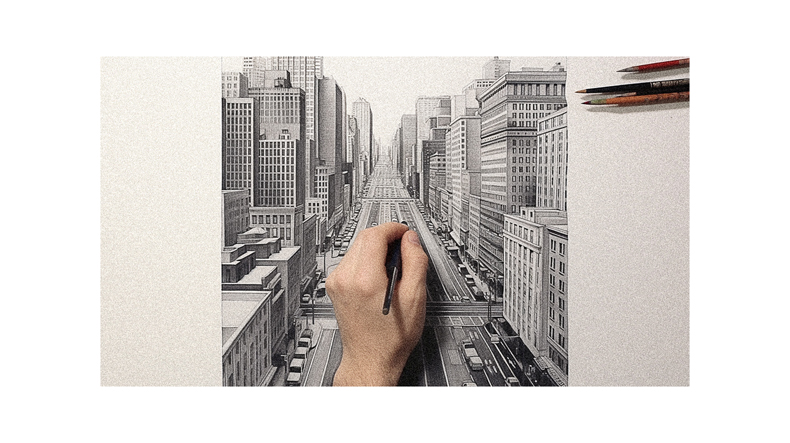 A pencil drawing of a city with buildings in the background.