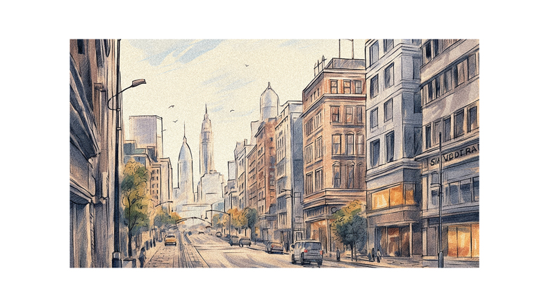 A watercolor painting of a city street.
