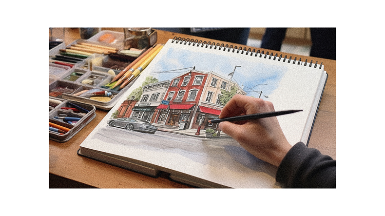 A person is drawing a picture of a building with colored pencils.