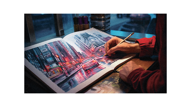 A person is drawing a picture of a city in a book.