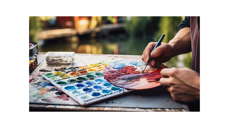 A person is painting with a palette of colors.