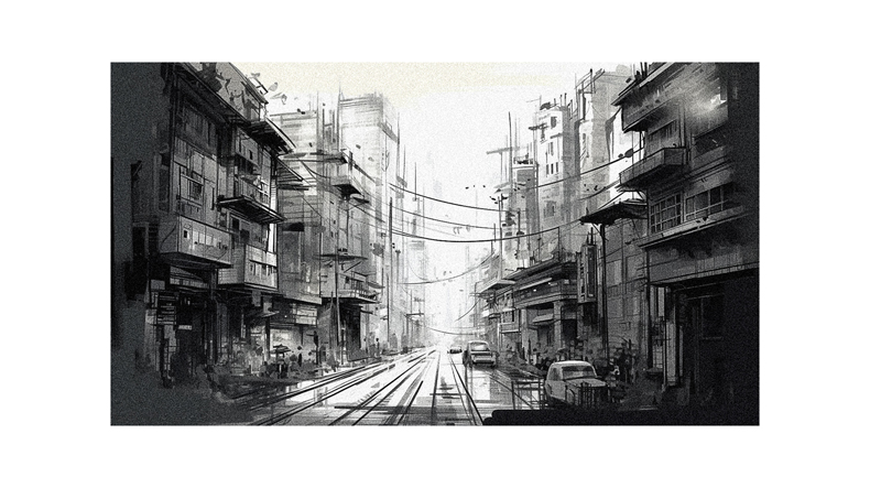 A black and white drawing of a city street.