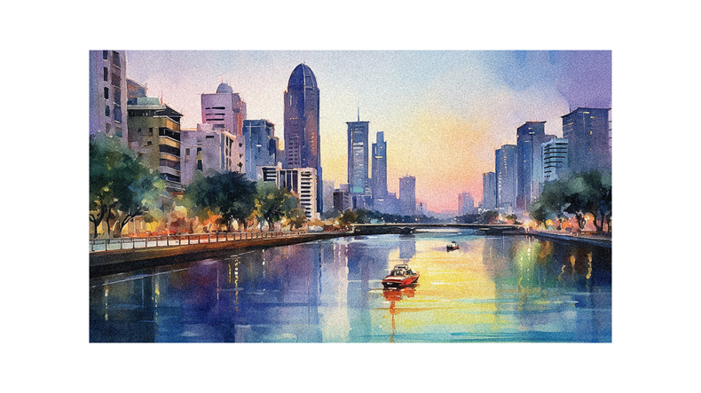A watercolor painting of a city with boats on a river.