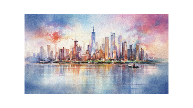A watercolor painting of a city skyline.