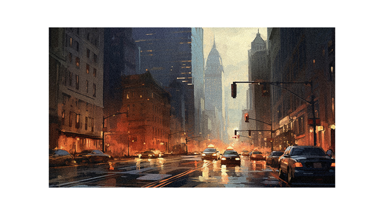 A painting of a city street at night.