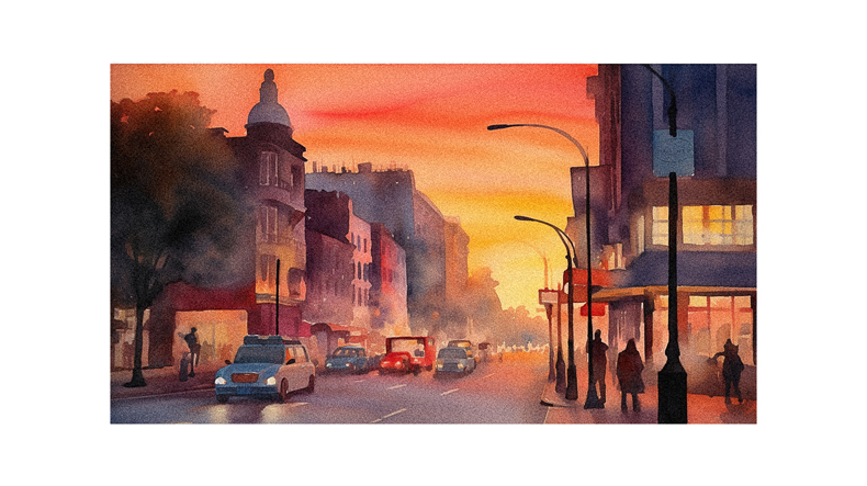 A watercolor painting of a city street at sunset.