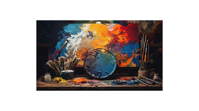 A painting with brushes and paints on a table.