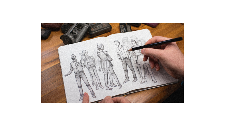 A person drawing a figure in a sketchbook.