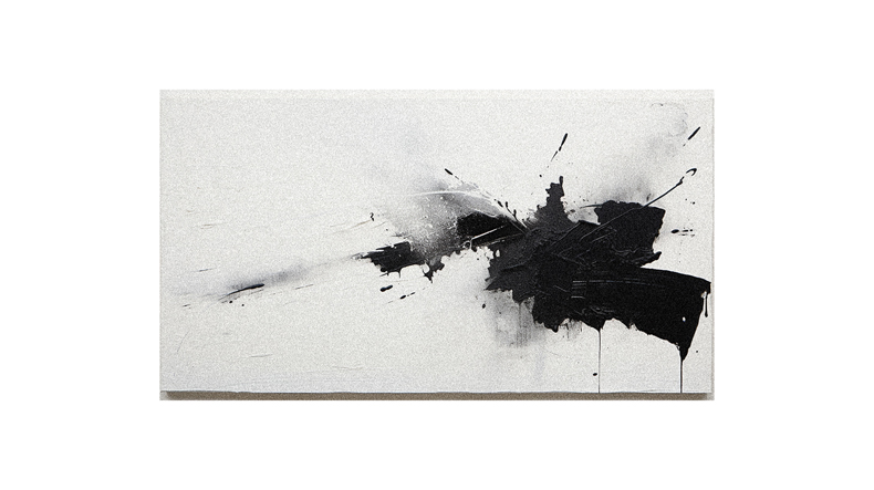An abstract painting with black and white paint splatters.