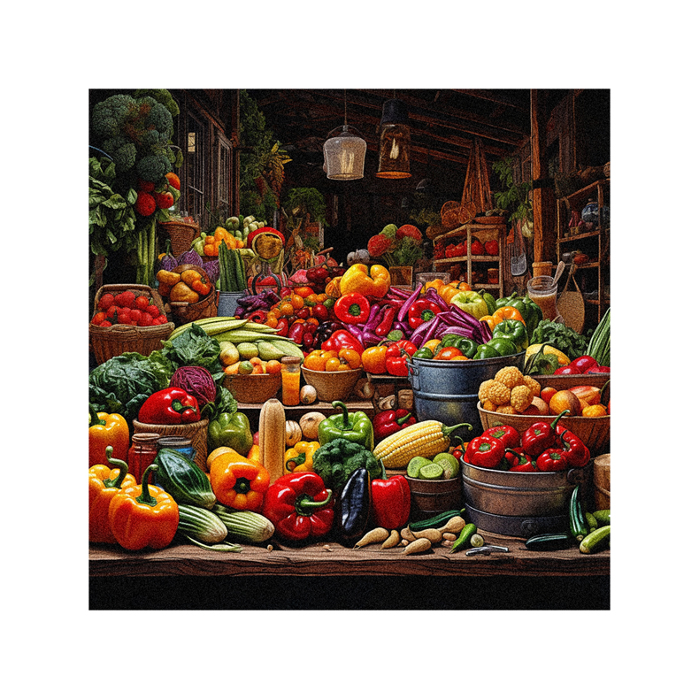 A painting of vegetables on a table.