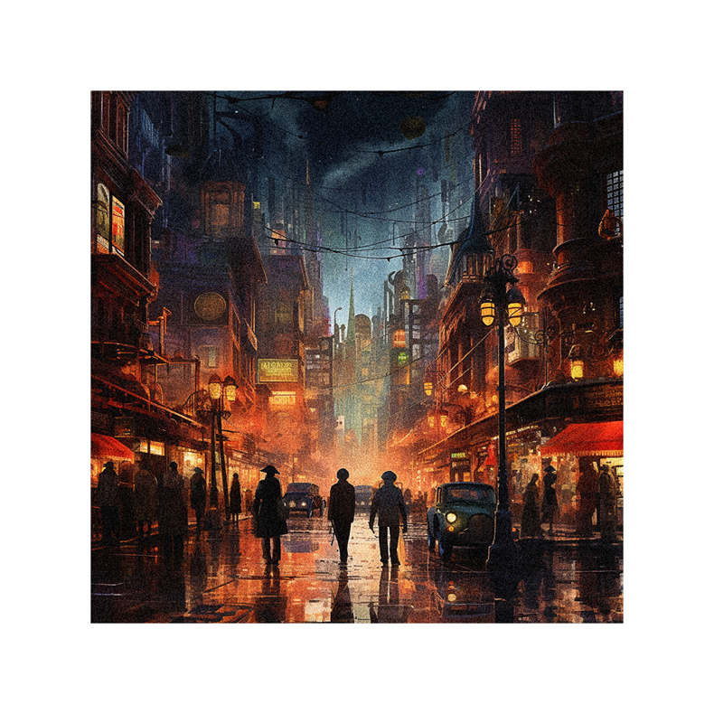 A painting of people walking down a city street at night.