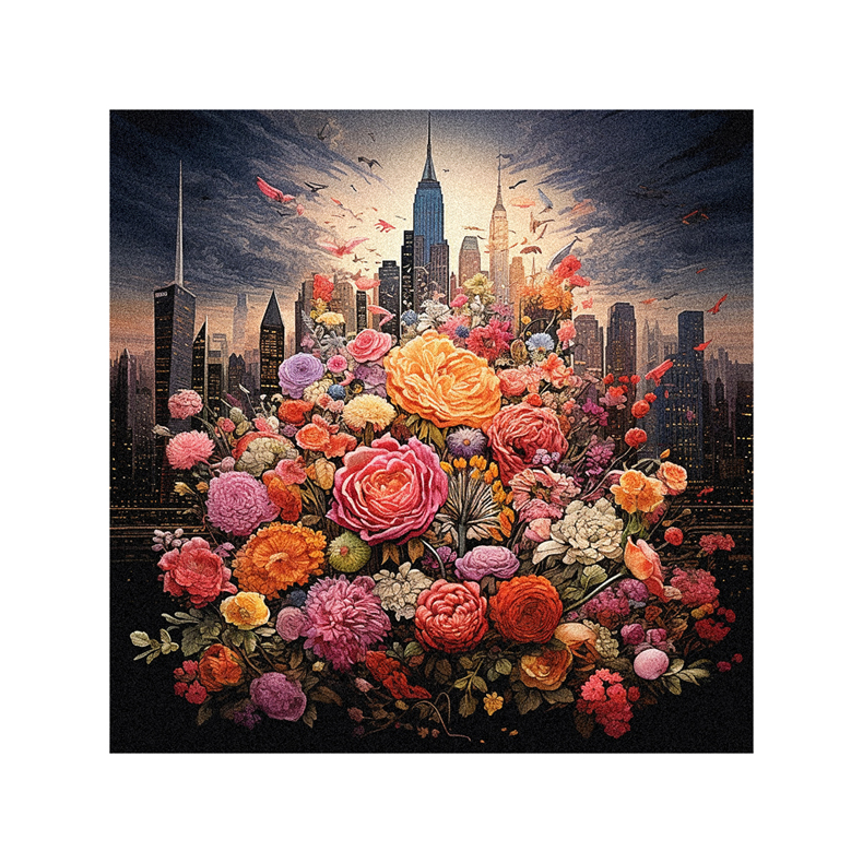 A painting of flowers in the sky with a city in the background.
