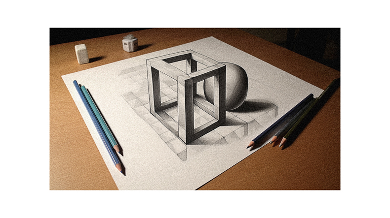 A pencil drawing on a table next to a pencil.