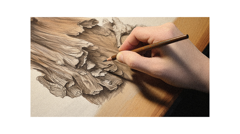 A person is drawing a tree on a piece of wood.