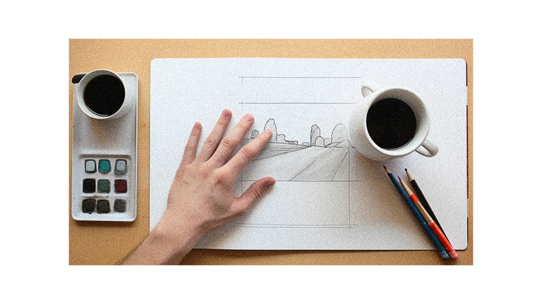 A person drawing a city on a piece of paper with a cup of coffee.