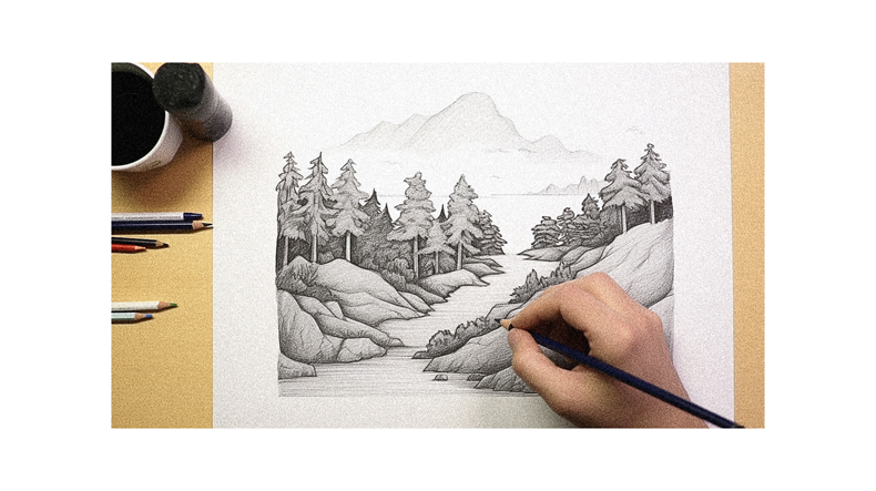 A person is drawing a landscape with pencils.