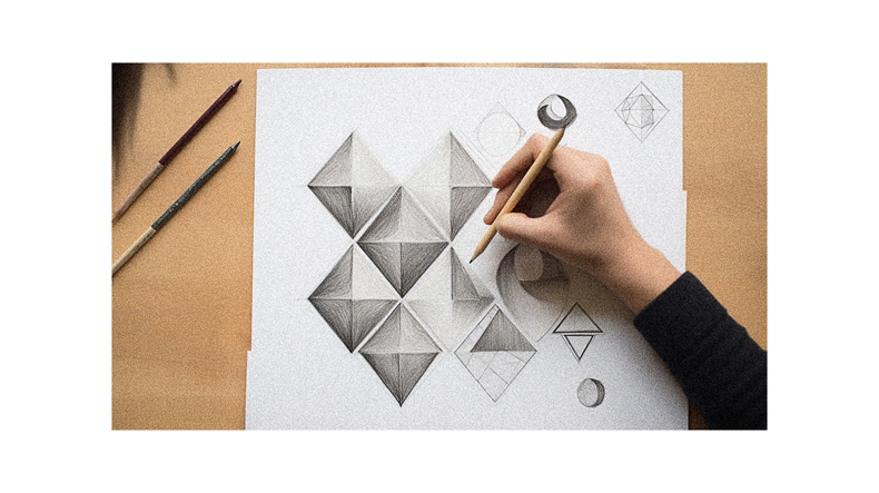 A person drawing geometric shapes on a piece of paper.