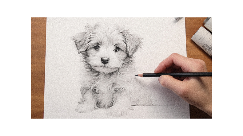 A person is drawing a puppy on a piece of paper.