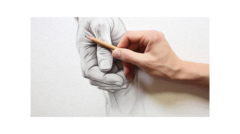 A person drawing a hand with a pencil.