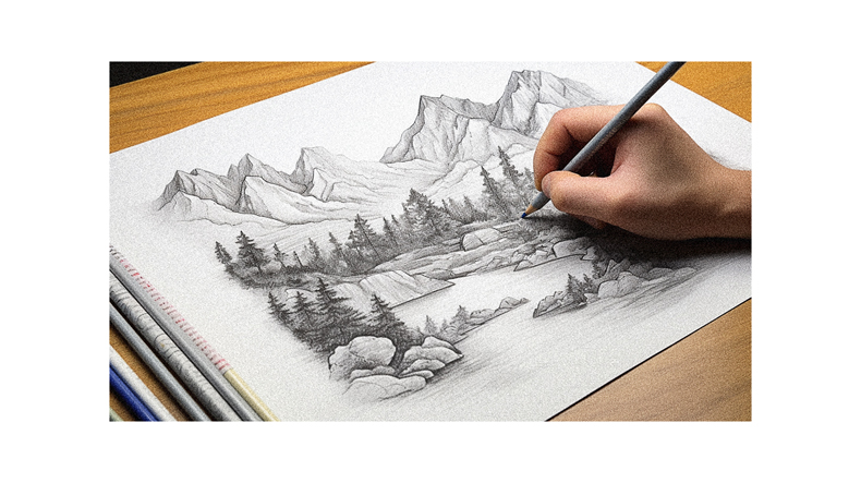 A person is drawing a mountain scene with a pencil.