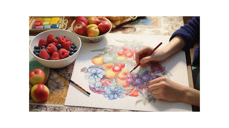 A person is painting fruit on a piece of paper.