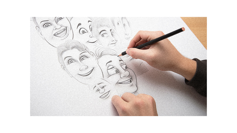A person drawing a caricature on paper.