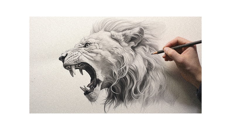 A person drawing a lion's head with a pencil.