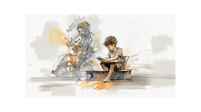 A drawing of a boy sitting on a bench.