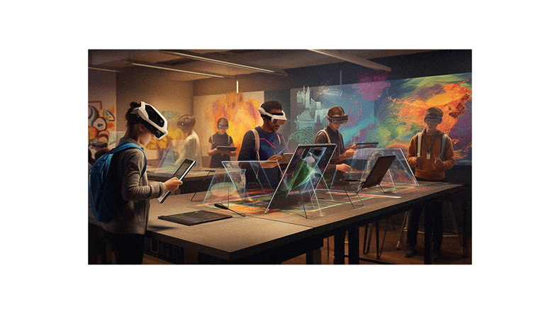 A group of people in a room with a vr headset.